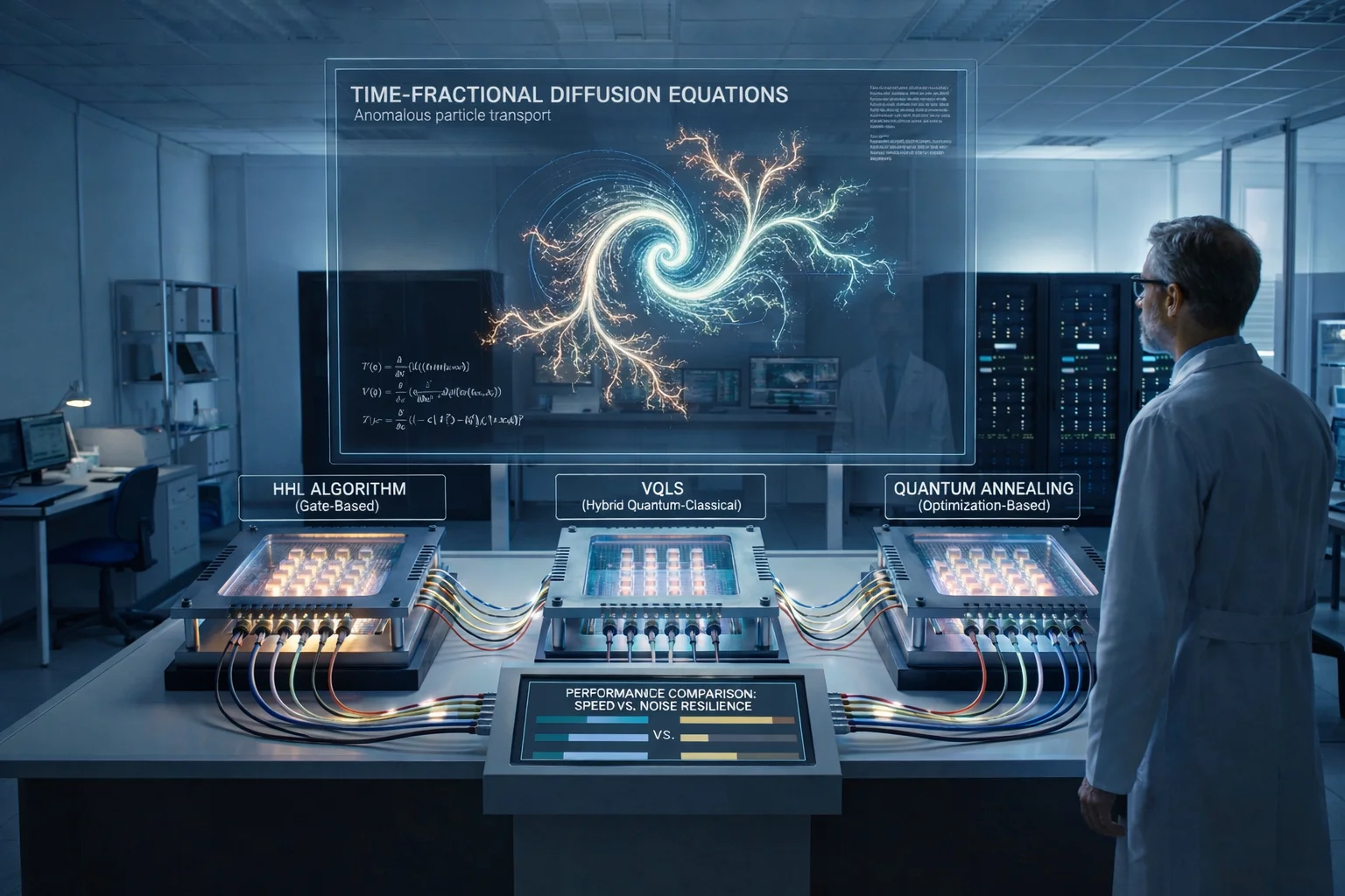 مقارنة الحلول الكمومية: خوارزميات VQLS وHHL في معادلات الانتشار الكسري