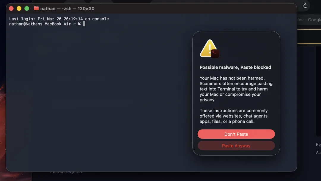 نظام macOS 26.4 يضيف تحذيراً أمنياً جديداً في تطبيق Terminal للأوامر الملصقة