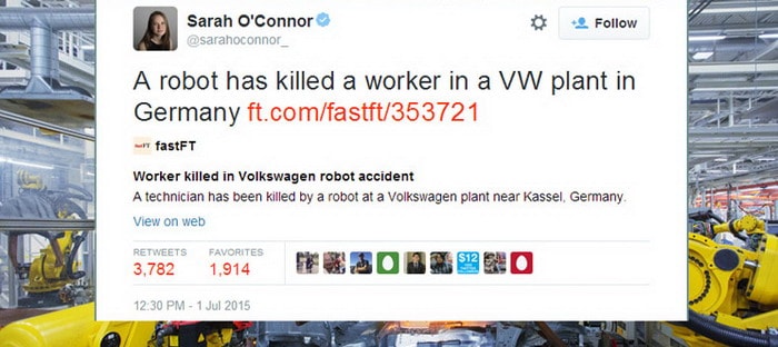 روبوت يقتل عامل في فولكس فاجن ويحيي ذكريات فيلم Terminator