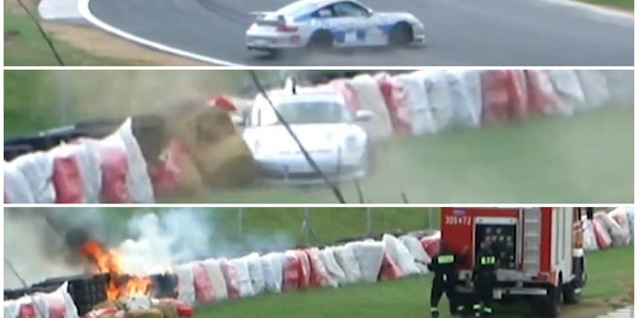 فيديو: بورشه 911 تصطدم بحاجز على حلبة للسرعة وتتسبب في اشتعاله