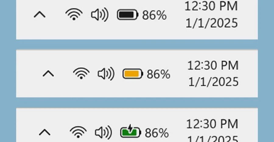 أيقونة بطارية ويندوز 11 ملونة: أخضر للشحن، أحمر للإنذار